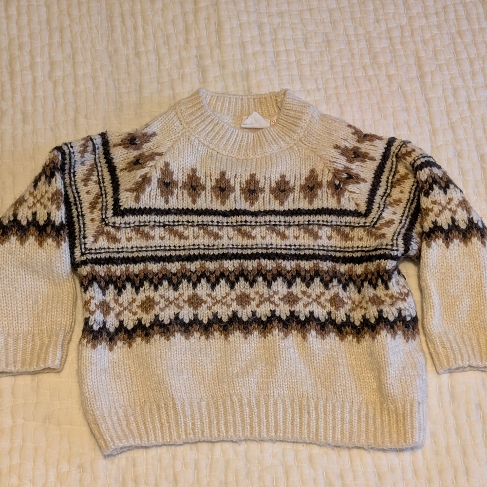 Zara Cream Fair Isle Crewneck Sweater with Brown and Black Accents